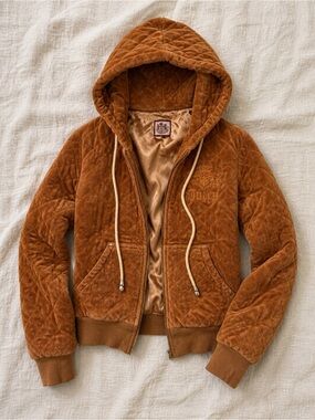 Juicy Couture Velour Quilted Hoodie Brown Zip Up Y2K Jacket Size Large